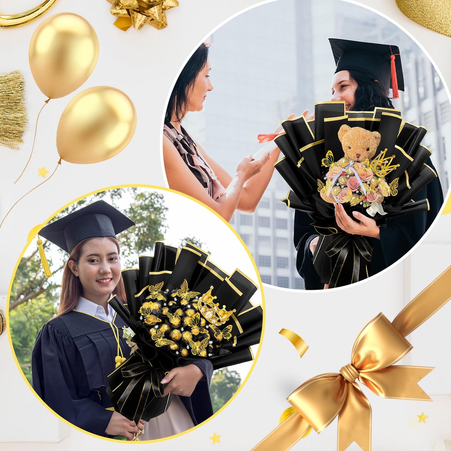 Funnymoom 109 Graduation DIY Chocolate Flower Bouquet Kit 2026 Candy Rose Clear Acrylic Lollipop Ball Holder Floral Wrapping Paper 3D Gold Butterfly Crown Ribbon Grad Gift(Black and Gold)
