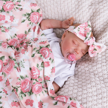 Aori Reborn Baby Doll Accessories Clothes Newborn Receiving Blanket with Headband and Hat Set Baby Swaddle Floral 3-Piece Swaddle Nursery Swaddle Wrap for 17-20 inch Reborn Doll