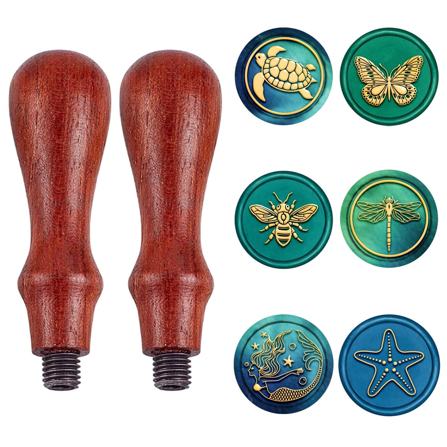 CRASPIRE Wax Seal Stamp Set Butterfly Dragonfly Bee Mermaid 6pcs Sealing Wax Stamp Brass Heads +2 Wooden Handles Retro 25mm Removable Brass Stamp Kit for Envelopes Invitations(Insect Ocean Series)