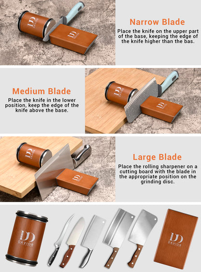 Davior Rolling Knife Sharpener Kit with Diamond Discs, 15° & 20° Multi Angle Magnetic Knife Sharpener Roller Tool for Kitchen and Pocket Knives, Finger Protector, Leather Strop & Carry Bag