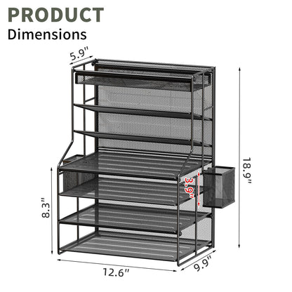 handimp Black 7 Tier Desk File Organizer, Metal Letter Tray Paper Organizer with Pen Holder and Metal Hanging Basket, Vertical Desktop File Holder for Home Office Organization