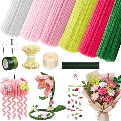 Rivvlive Pipe Cleaner Flower Kit, 1500 Pcs Pipe Cleaners Craft Chenille Stems Bulk with Floral Wires DIY Bouquets Gardening Tape Stamen Ribbon Beads for Art Craft Supplies Gift(Pink Set)