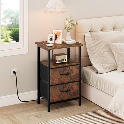 24.2" Vagusicc Nightstand with Charging Station, Small Night Stand with Fabric Drawers for Bedroom, End Table, Bedside