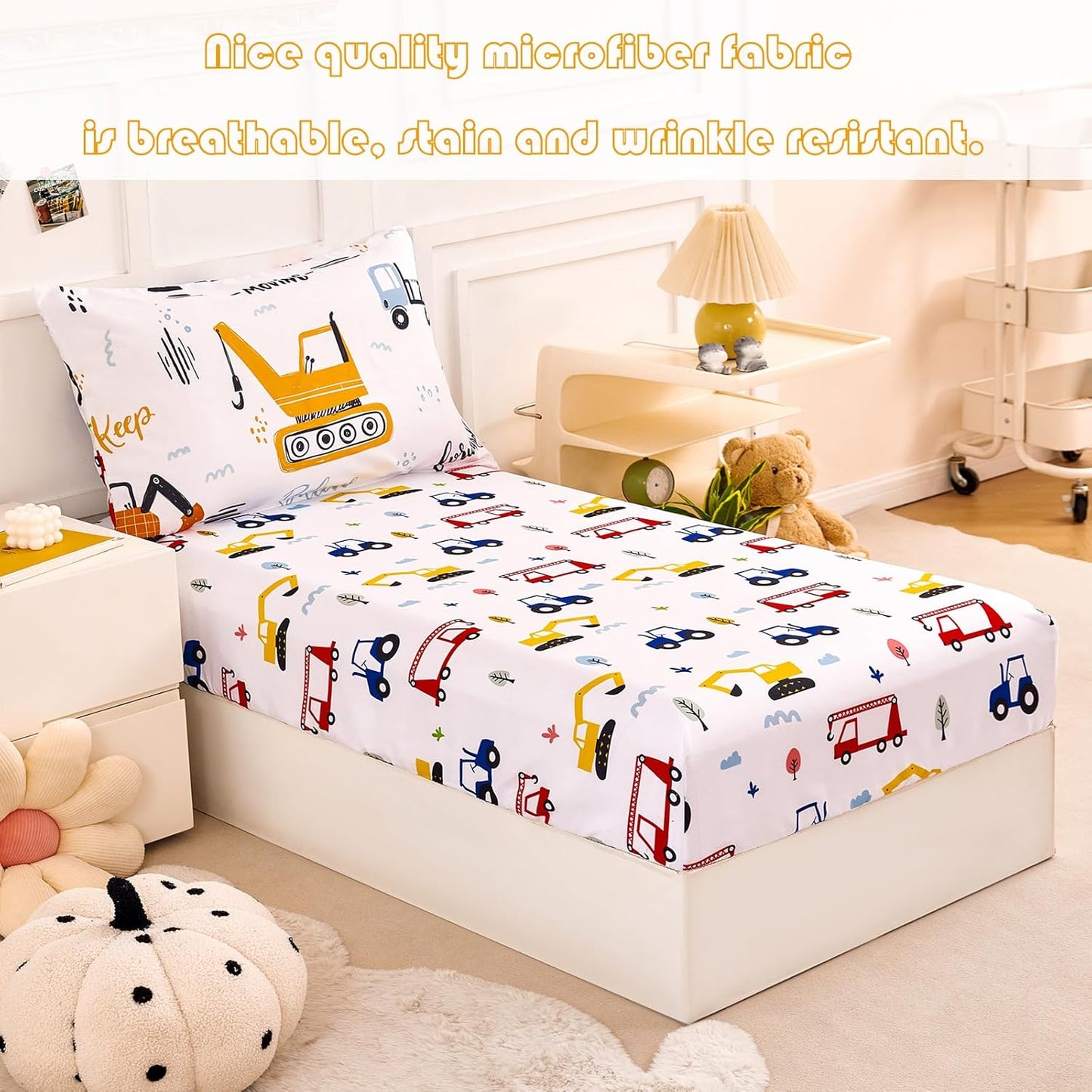 4 Sets Set Set PERFEMET Piece Boys Twin Bedding Car Printed on White Kids Comforter for Boys Reversible Cartoon