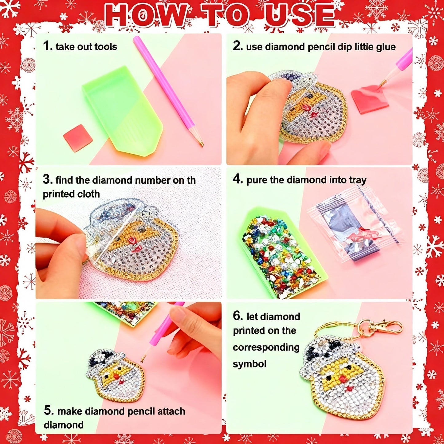 Chuangdi 20 Pcs Diamond Art Christmas Ornaments Diamond Art Kit for Adult DIY Diamonds Painting Keychains Crystal Rhinestone Arts Craft Santa Snowman Xmas Party Decor Supplies