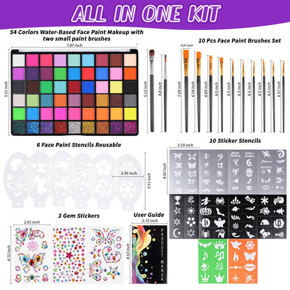 LOUHUA 54 Colors Face Painting Kit for Kids - Non Toxic Water Activated Face Paint with Stencils, Brushes, Gems - for Halloween, Birthday, Carnival, Cosplay