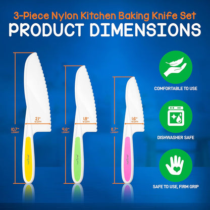 NutriChef 3-Piece Nylon Kitchen Baking Knife Set - Safe Children's Cooking Knives with Firm Grip and Serrated Edges