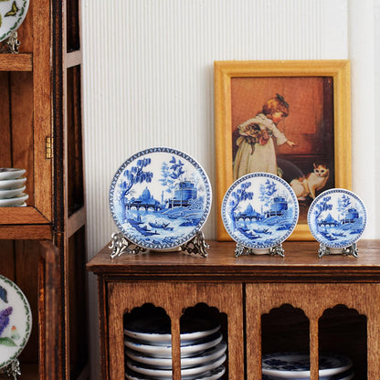 6PCS Handcrafted Miniature Ceramic Plates in 1:12 or 1:6 Scale, Vintage Porcelain Playhouse Dishes (Blue-White B, 2.3CM)
