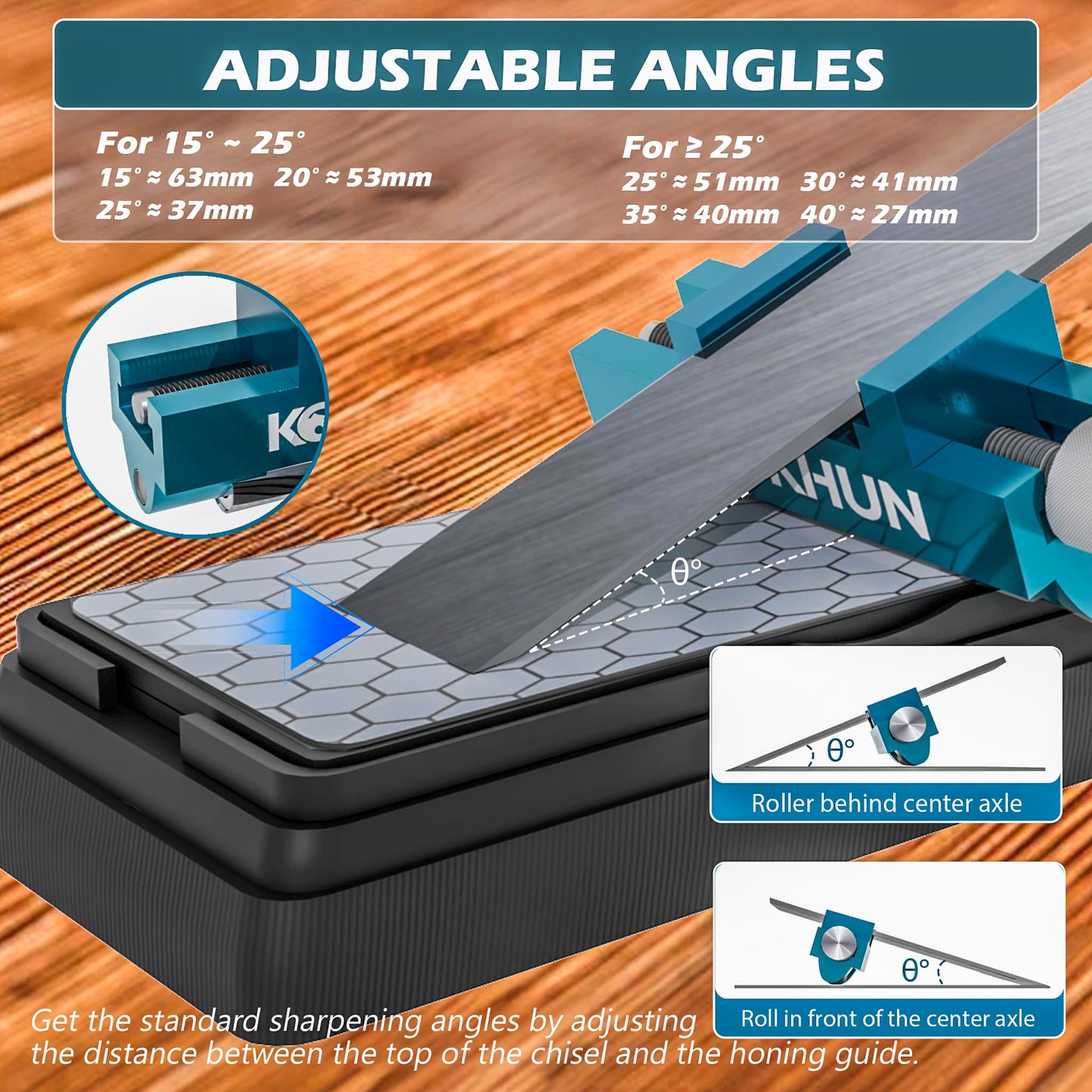 Kopkhun Chisel Honing Guide with Whetstone – Adjustable Sharpening Jig for Chisels and Plane Irons (0.2”–2.55”) – Anti-Rust Metal Body – Smooth Rolling Sharpening Tool Kit