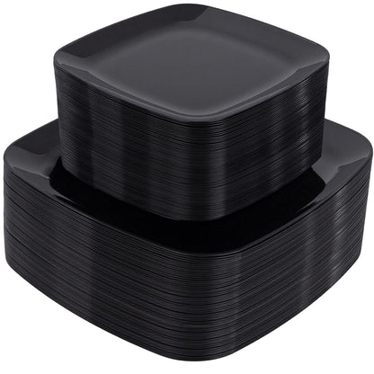 PULOTE 100 PCS Black Square Plastic Plates Disposable - Include 50 Each (10" Dinner & 7.25" Dessert) Plates - Ideal for Party & Graduation
