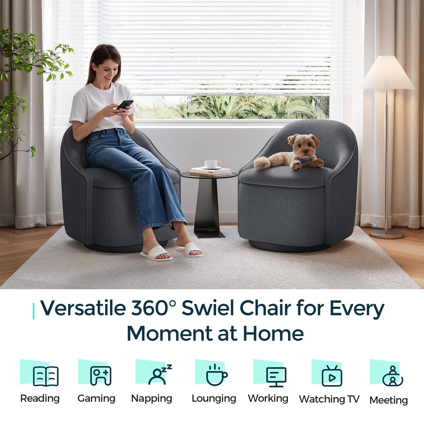 LINSY Swivel Accent Chair Set of 2, Comfy Chenille Barrel Chairs with Storage 360 Swivel Modern Armchair for Living Room Bedroom, Small Boucle Reading Chair for Study Room (Grey)