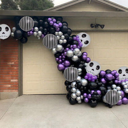 Skull Halloween Birthday Party Decorations Metallic Purple Black Silver Balloon Garland Arch Kit with Stripe Skull Balloons for Ghost Skeleton Trunk or Treat Halloween Birthday Baby Shower Decorations