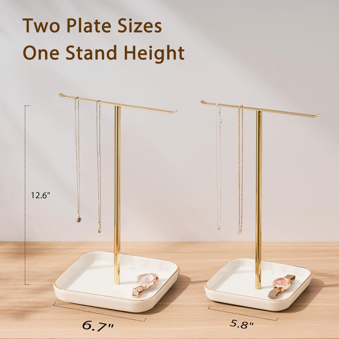 pickpiff Necklace Holder Stand with Ceramic Base: 12" Jewelry Tree Display Organizer for Necklaces, Bracelets, Rings, Earrings, Tall Gold Stand for Women, Aesthetic Room Décor, Gold and White