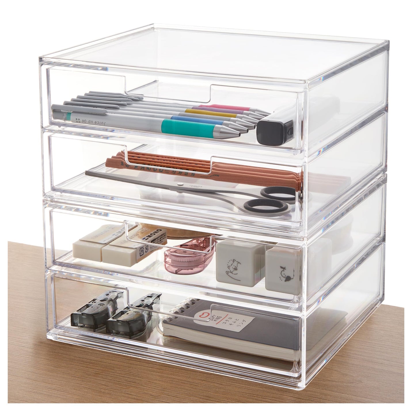 STORi Stackable Desk Drawer Organizer, Clear Pen Pencil Makeup Brush Holder for Desktops and Vanities, 4 Wide Drawers (Made in USA)