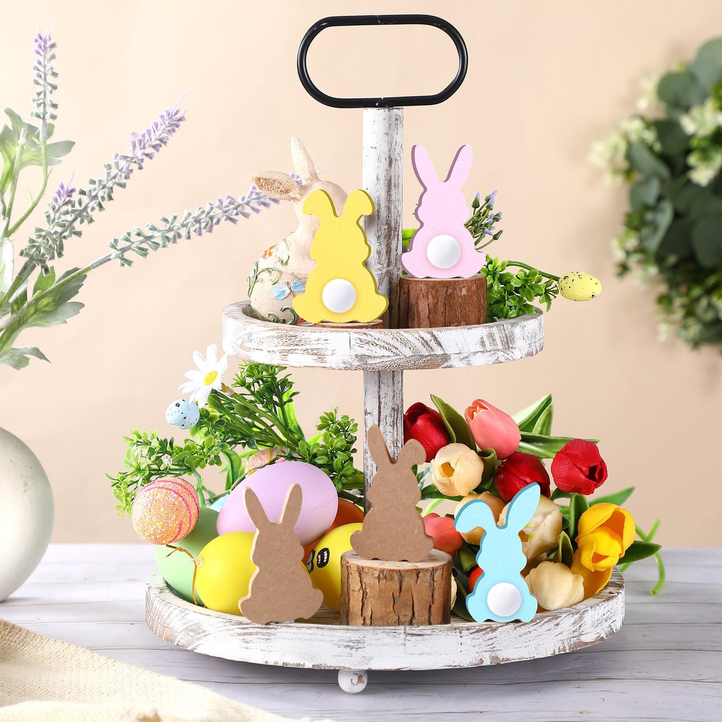 Menkxi 22 Pcs Easter Wooden Bunny Cutouts for Crafts Unfinished Easter Wood Cutouts Bunny Table Sign Rabbit Tabletop Decoration with 22 White Felt Balls Pom Ball 60 Adhesive Dots for DIY Craft Spring