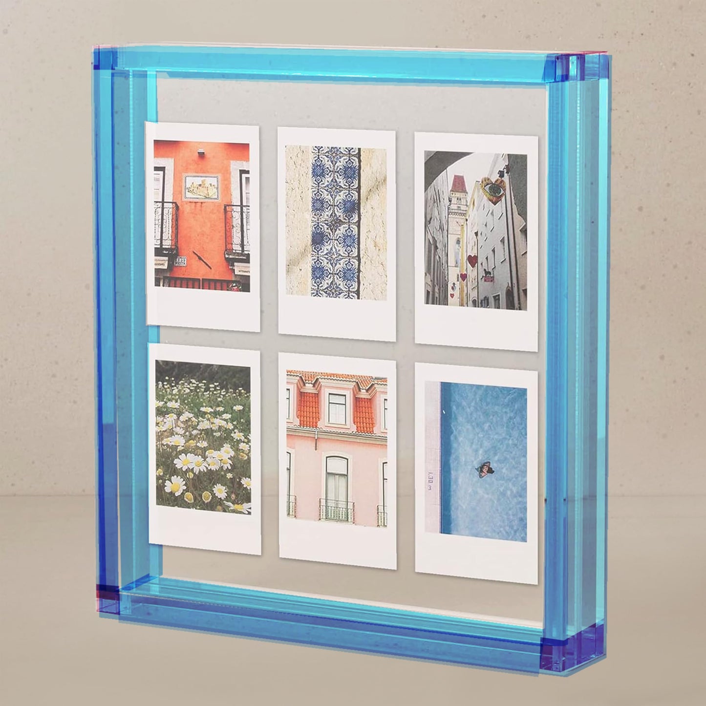 Elil 5x7 Acrylic Picture Frame – Blue Floating Polaroid Fujifilm Instax Display 8.3" x 7.6" Holds 5x7 Photo or 6 Mini or Go Print Double-Sided Collage for Desk Wedding Anniversary Graduation