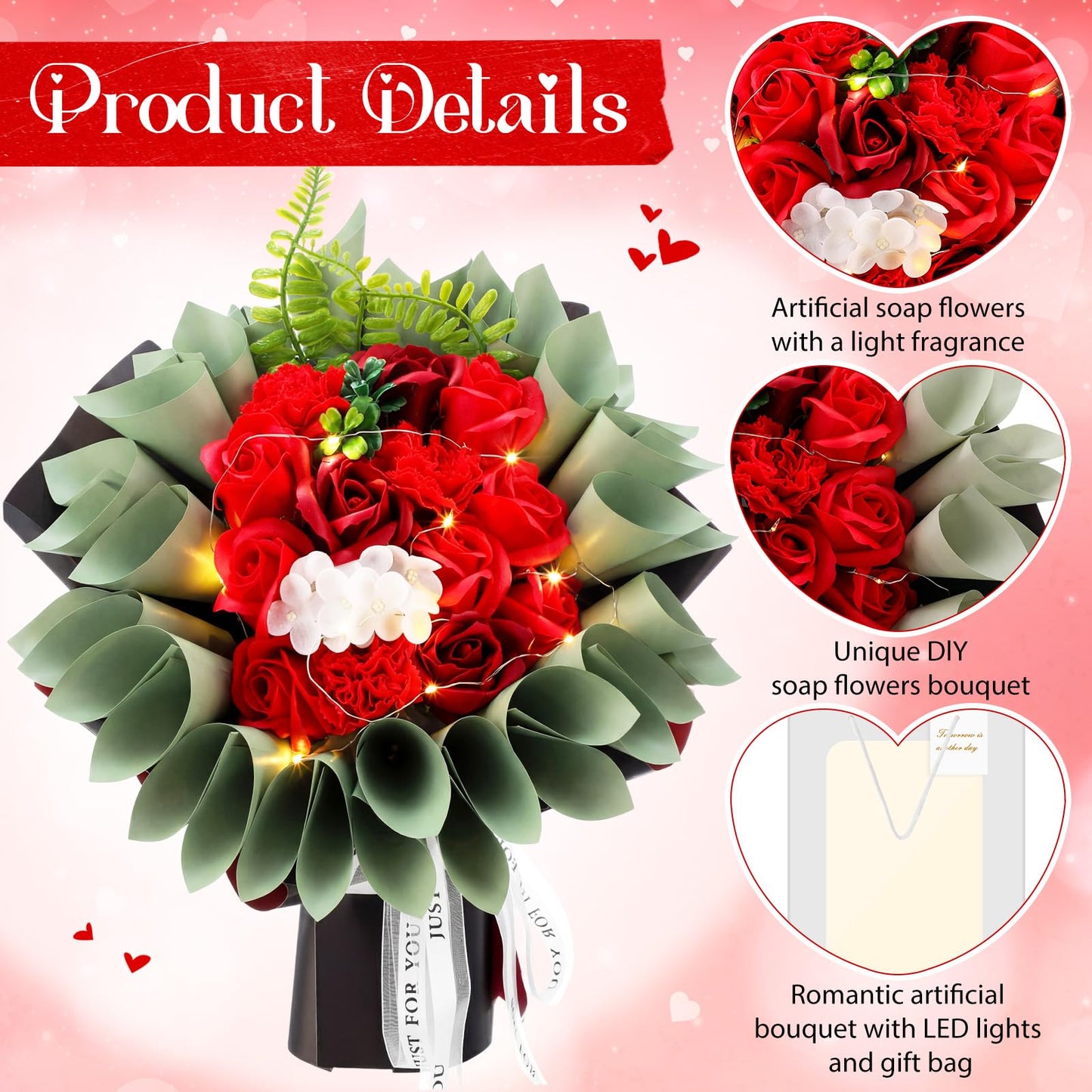 Suncalla Money Flower Bouquet Kit DIY Artificial Soap Rose Gifts with LED Light Kit, Fake Floral Rose Bouquet with Gift Bag Set for Graduation Anniversary Wedding(Red)
