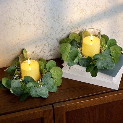 Tobilu 20 PCS Candle Rings - Artificial Eucalyptus Leaves Candle Wreaths Greenery for Pillar Fireplace Wedding Table Centerpieces Farmhouse Home Kitchen Decor