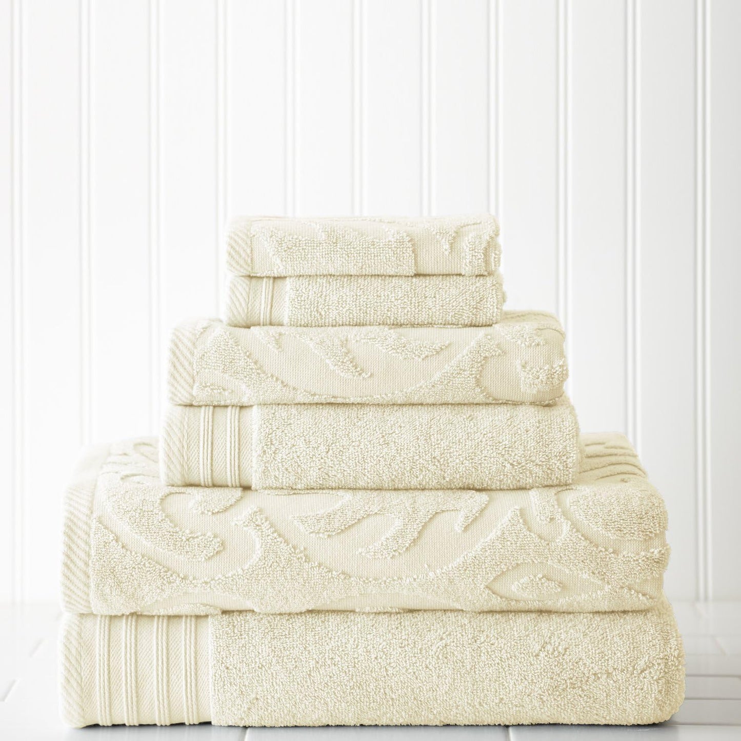 6 Set-Medallion Modern Threads Piece Jacquard/Solid Towel Swirl Ivory