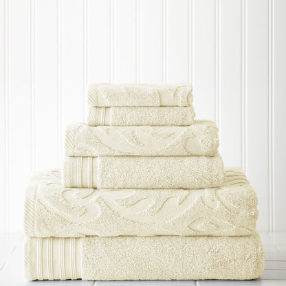 6 Set-Medallion Modern Threads Piece Jacquard/Solid Towel Swirl Ivory