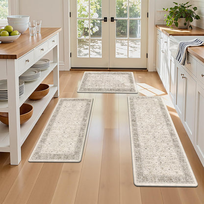 Pauwer Anti Fatigue Kitchen Floor Mats Set of 3, PVC Foam Padded Kitchen Rugs, Non Slip Cushioned Comfort Standing Mat, Waterproof Sink Rug for Small Kitchen Area, Laundry Room, Khaki