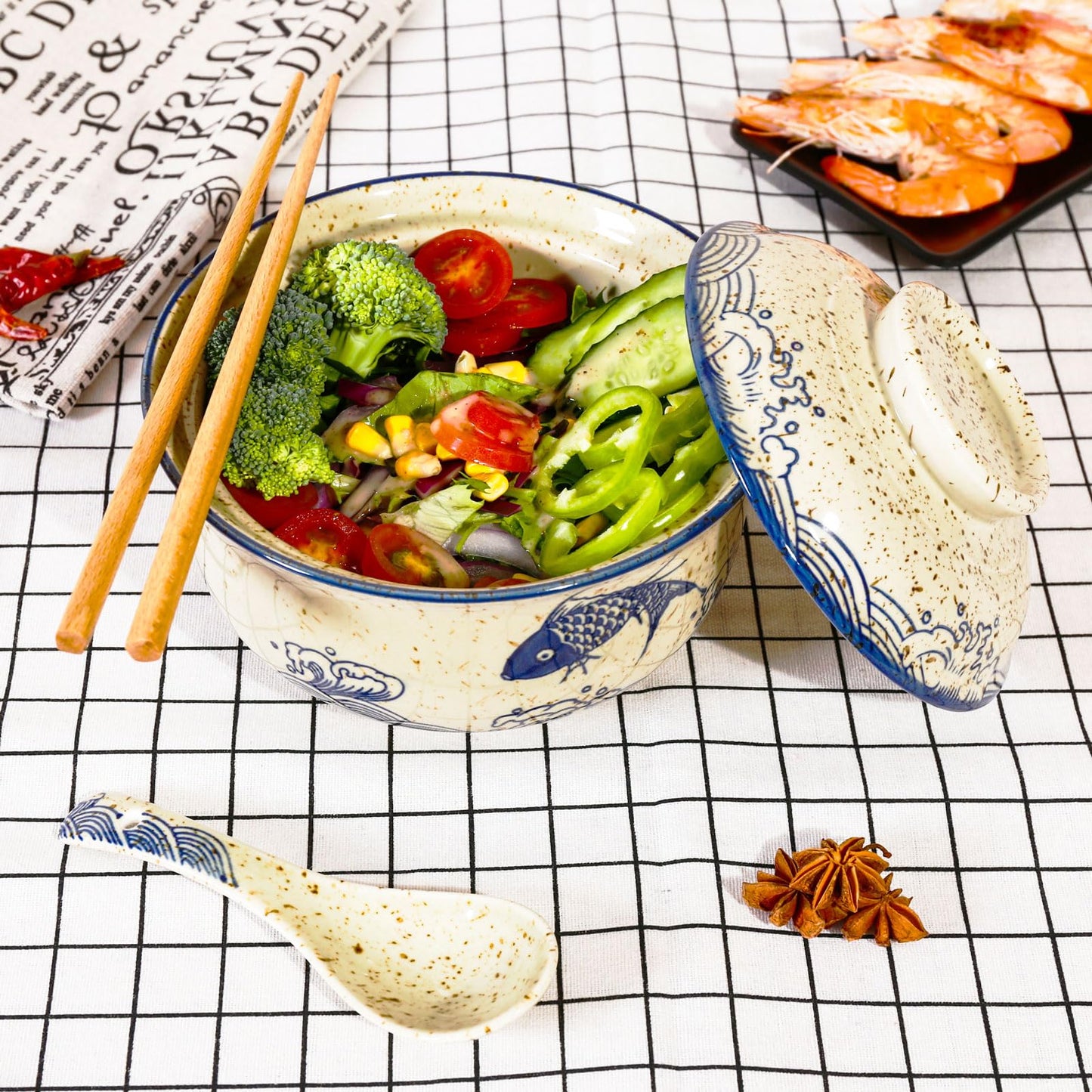 Ceraozmus Ceramic Ramen Bowl Set, 800ml, with Lid, Spoon and Chopsticks, Japanese Vintage Large Soup Bowls Instant Noodle Bowl Asian Tableware (Fish*1)