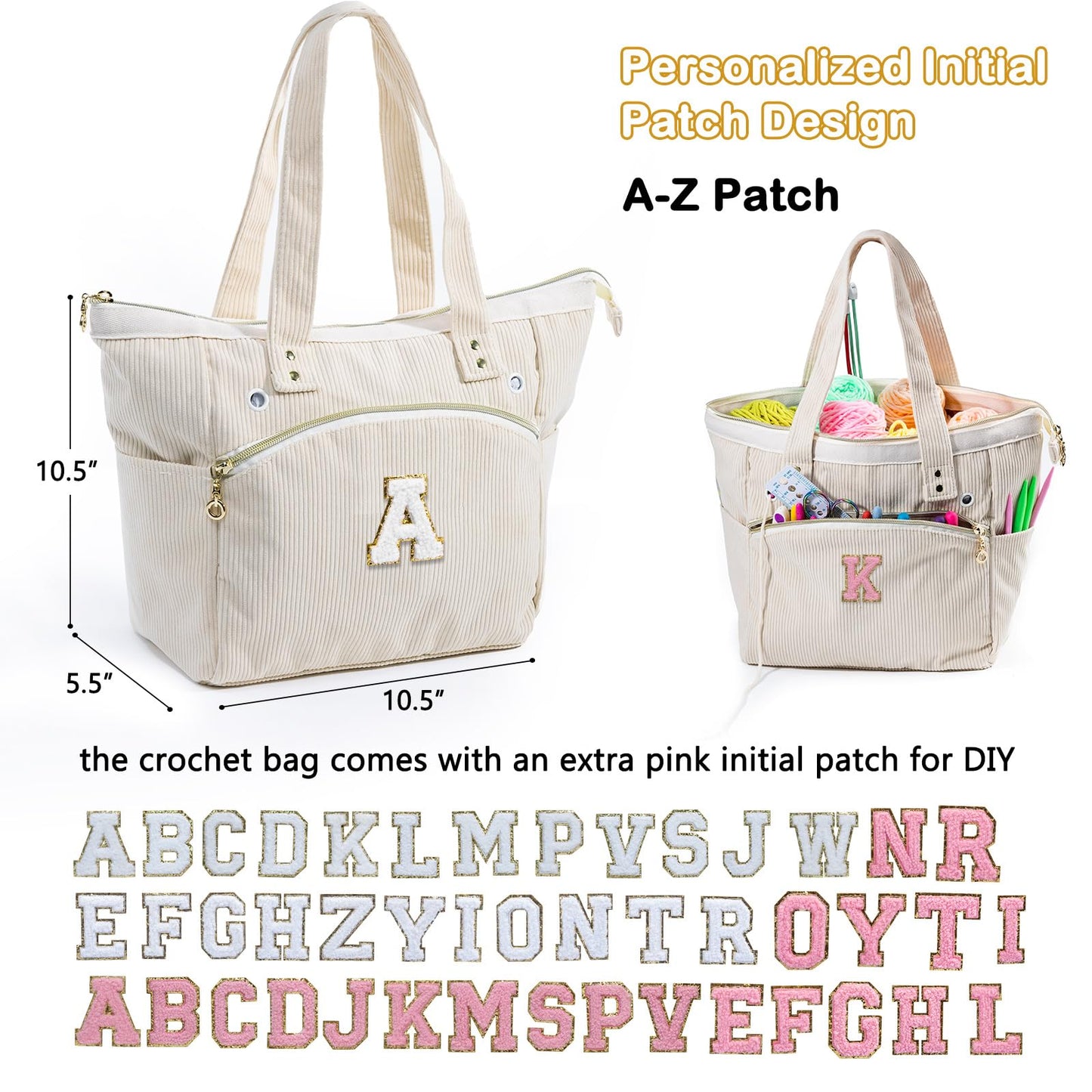 Initial Personalized Crochet Bag Tote - Corduroy Yarn Bag Storage - Yarn Holder for Crocheting - Crochet Organizer for Crochet Hooks, Crochet Accessories,Project Bag Knitting Bag Crochet Lover Gift