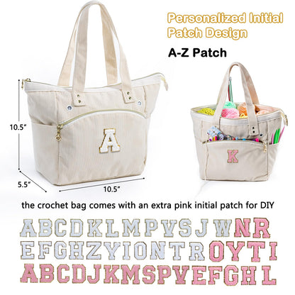 Initial Personalized Crochet Bag Tote - Corduroy Yarn Bag Storage - Yarn Holder for Crocheting - Crochet Organizer for Crochet Hooks, Crochet Accessories,Project Bag Knitting Bag Crochet Lover Gift