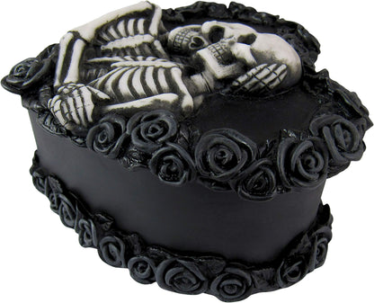DWK - To Have & To Hold - Beautiful Gothic Skeleton Lovers Embracing on Black Rose Wreath Keepsake Jewelry Trinket Stash Box with Red Interior Romantic Goth Valentine's Day Home Decor Accent, 5-inch