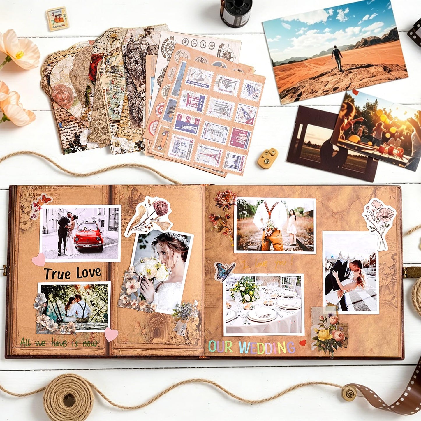 Our Adventure Book 8.9 x 7.9 Inch 80 Pages Scrapbook Photo Album with Scrapbooking Supplies, 3D Retro Embossed Letter Leather Hard Cover Movie Up Travel Journal Memory Book For Couples，Christmas gifts