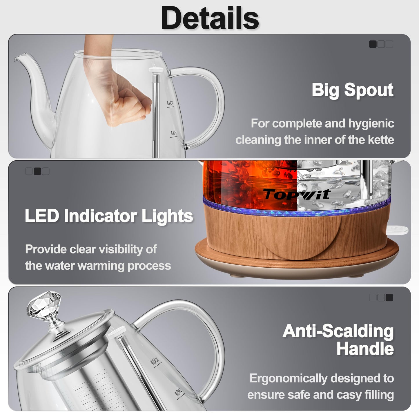 Topwit Electric Kettle Glass, For Hot Water, Tea and Coffee Dual Purpose Design, BPA-Free, 1L Pour Over Removable Stainless Steel Infuser, Auto-shut Off & Boil-dry Protect