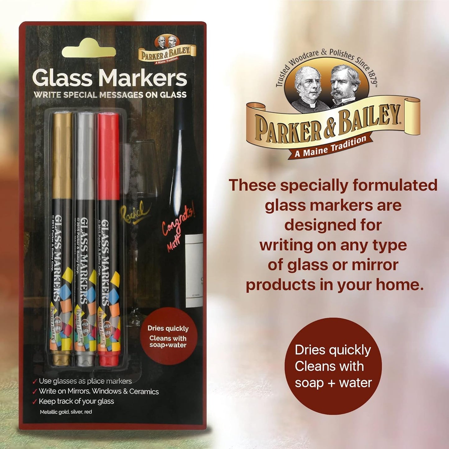 Parker & Bailey 3 Pack Glass Markers, Metallic Washable Wine Markers for Ceramics, Bottles, and Drink Glasses