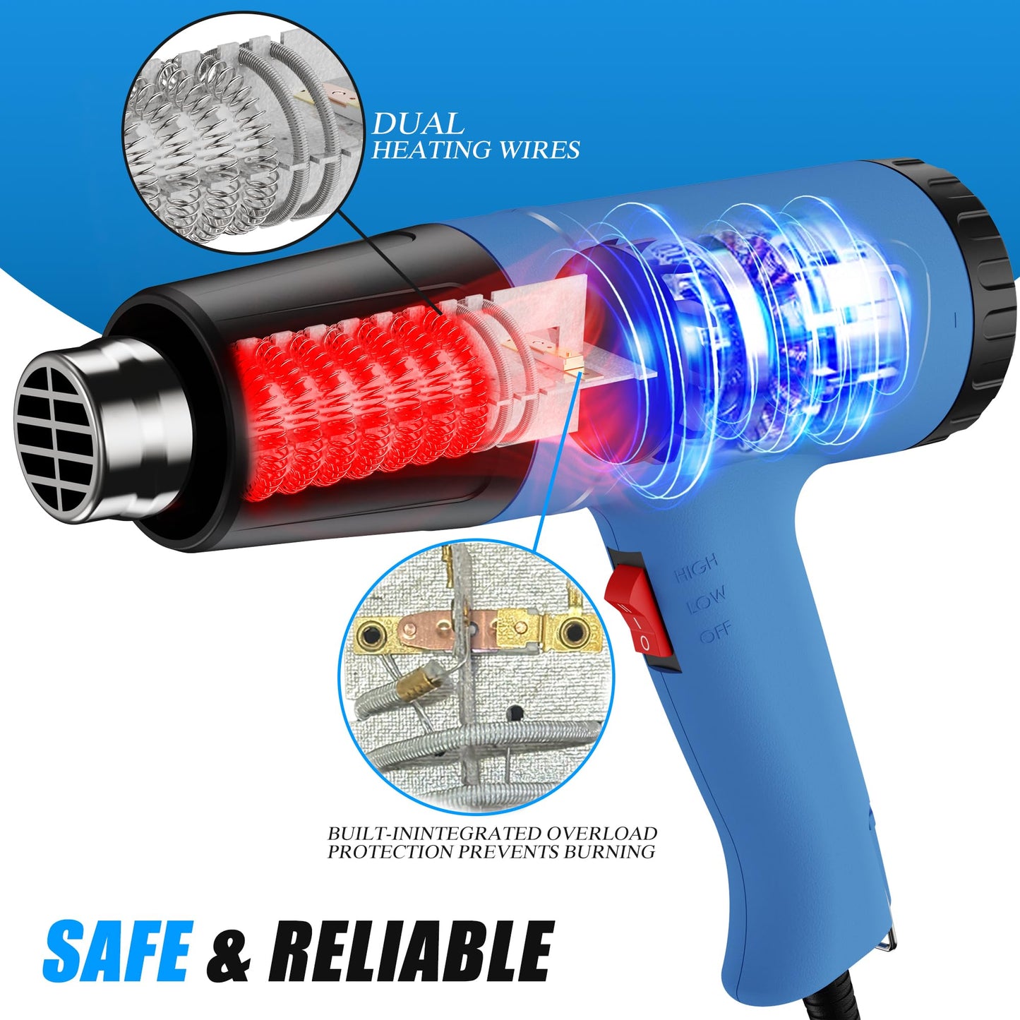 Hot Air Gun, Professional Power Heat Gun with 2 Temp Settings, Handheld Heat Blower with 4 Nozzle Attachments for Stripping Paint, Shrink Wrapping, PVC Tubing, DIY Crafts, vinyl wrap