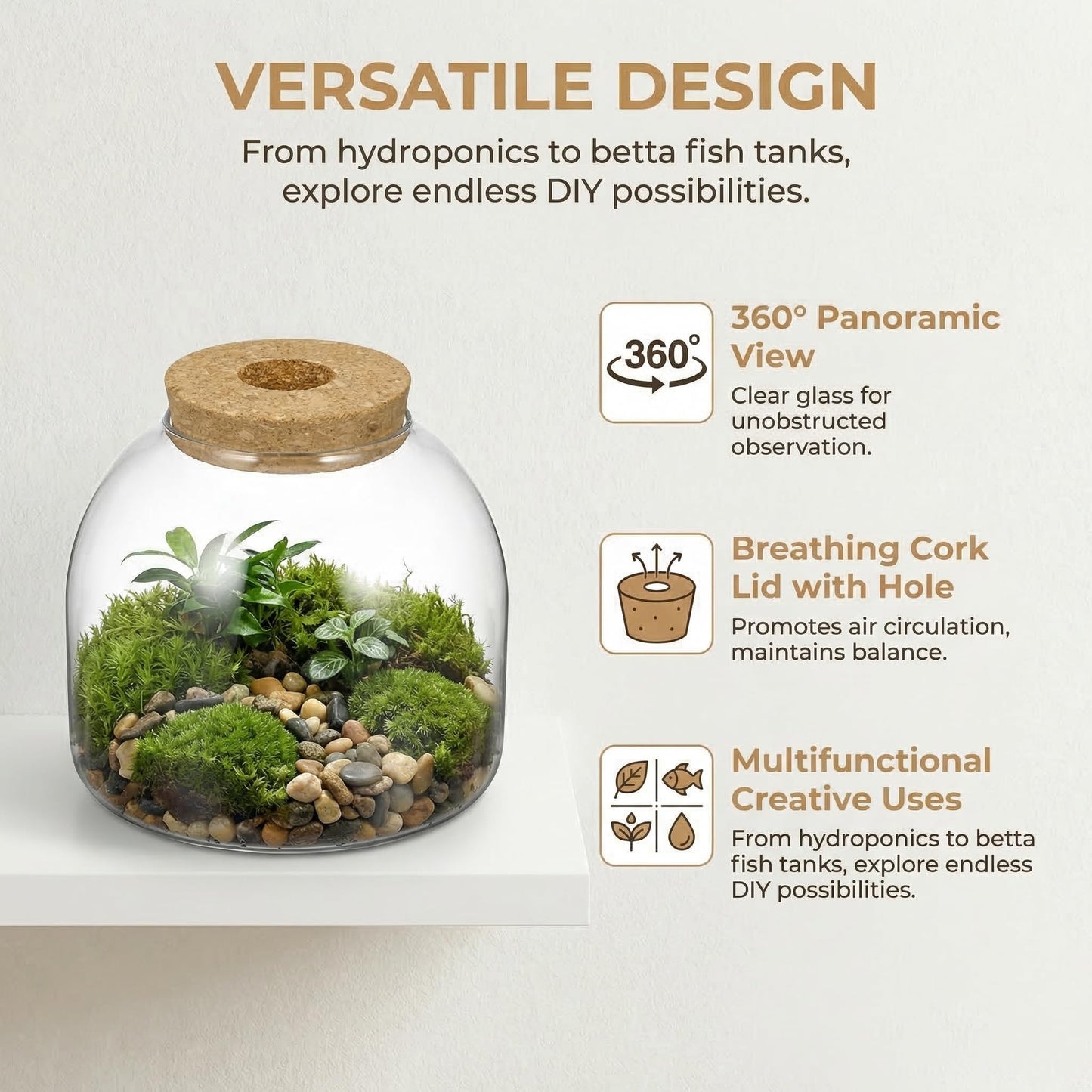 NUOBESTY Glass Terrarium Jar with Cork Lid, Hydroponic Plant Propagation Vase, Clear Round Betta Fish Bowl Tank for Moss Succulent Indoor Desktop Home Decor