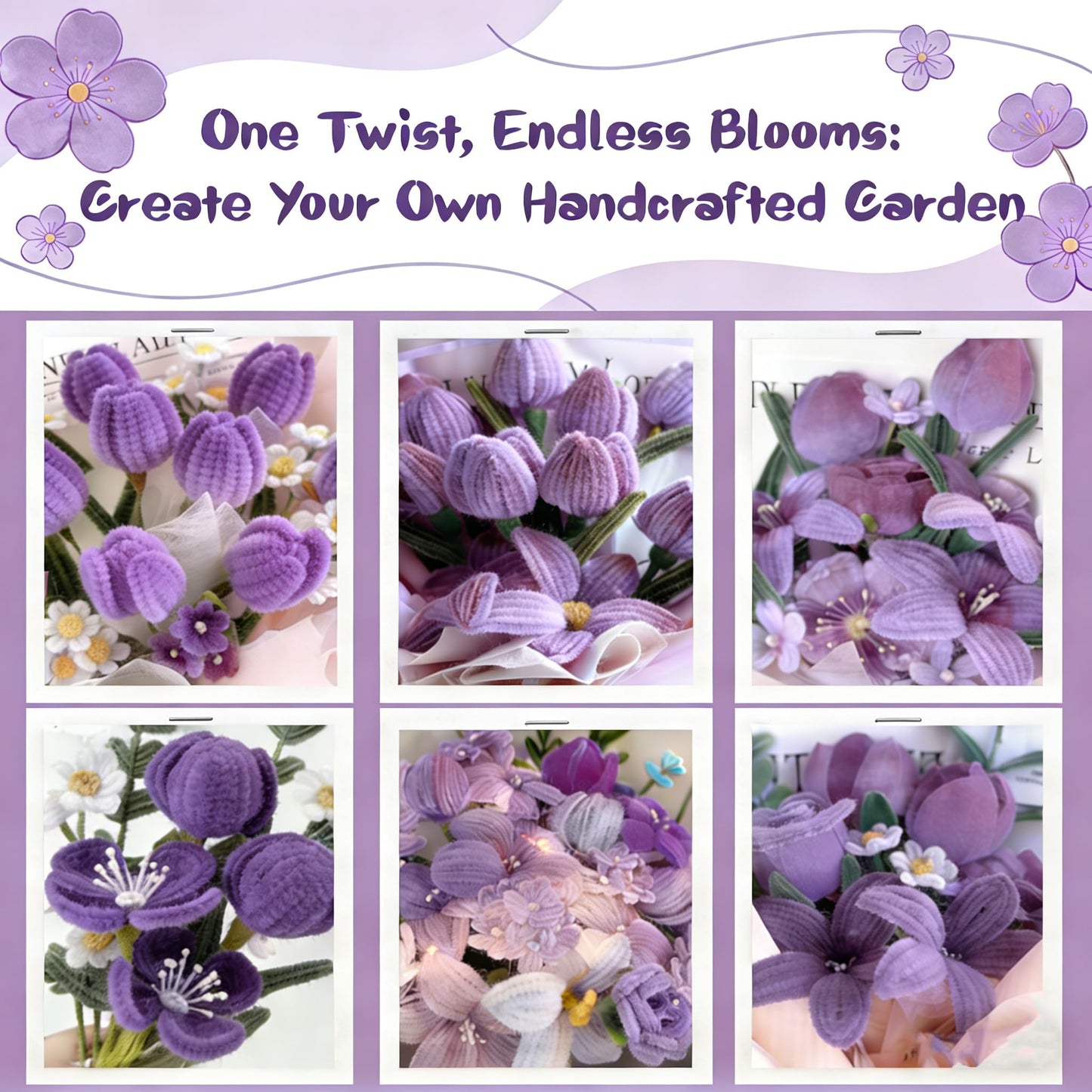 ZFTFZ Purple DIY Pipe Cleaners Bluk Craft - 500pcs Chenille Stems (6 Colors), 25 Floral Stems & Stamen - Includes Mesh, Wrapping Paper & Gift Box for Handmade Rose/Tulip Art