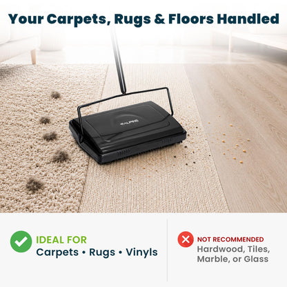 Alpine Manual Carpet Sweeper Triple Brush – Cordless Non Electric Multi-Surface Floor Brush Hardwood Floor Cleaner Easy Sweeping for Carpeted Floors (Improved Black)