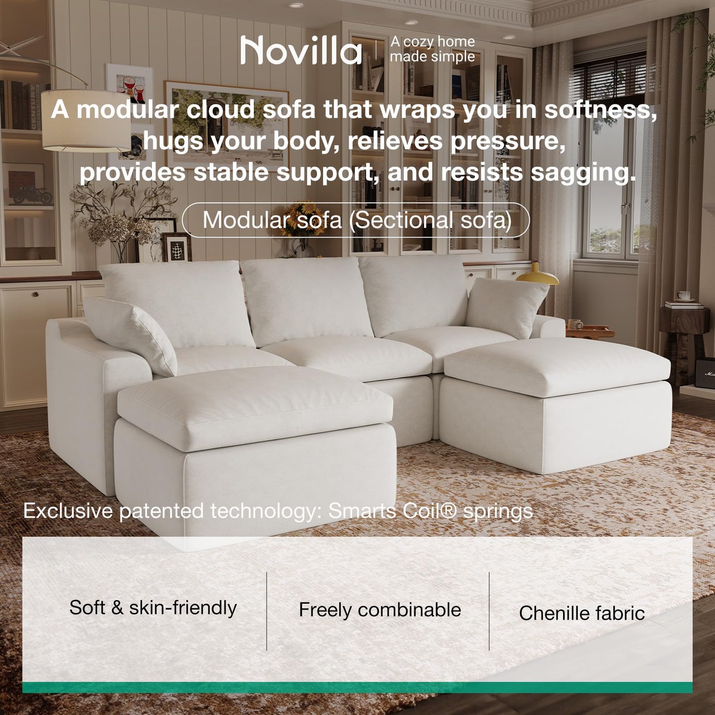 Novilla 133.8" Modular Cloud Couch, Modern Sectional Sofa with Smarts Coil® Support, Chenille Fabric, Upholstered Couch for Living Room Apartments Bedroom, No Assembly, 4 Seater + 4 Ottoman, White
