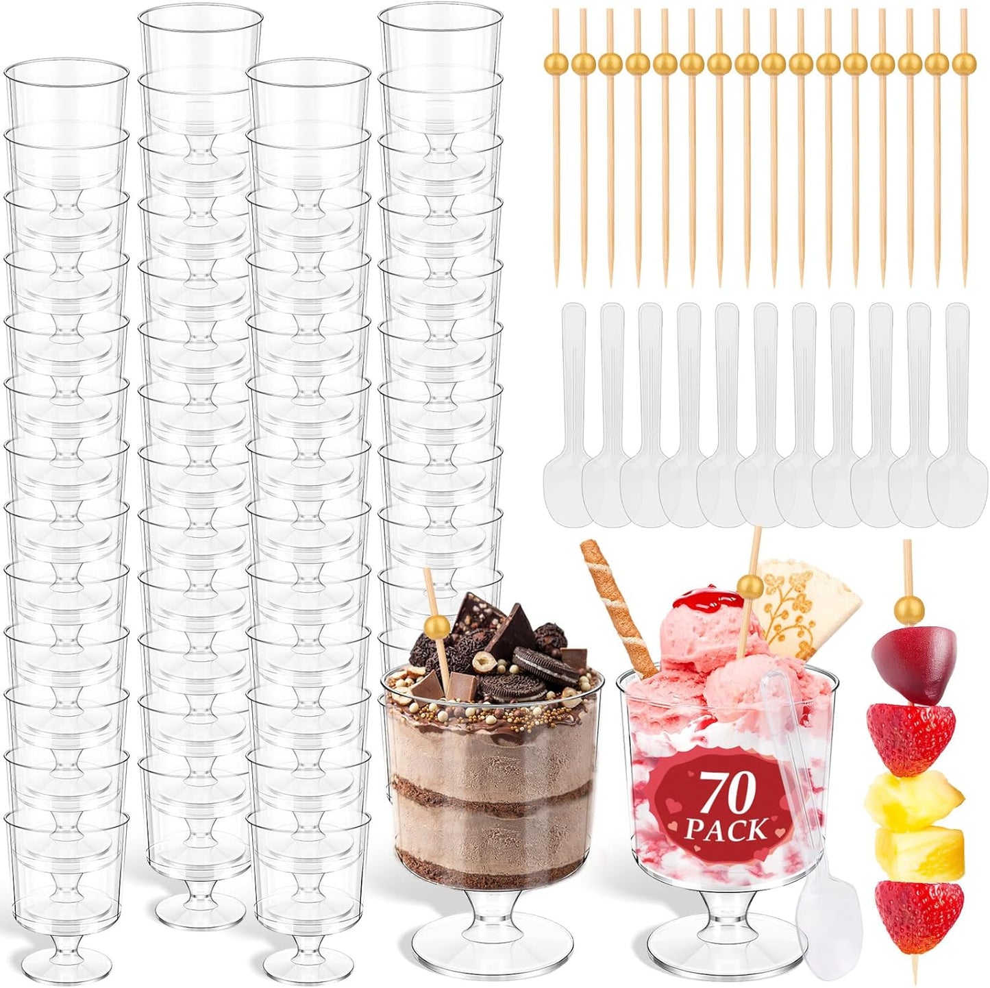 190 5 OZ Set Pcs Dessert Cups with Spoons Cocktail Picks, Clear Mini Dessert Shooter Cups, Plastic Parfait Cup