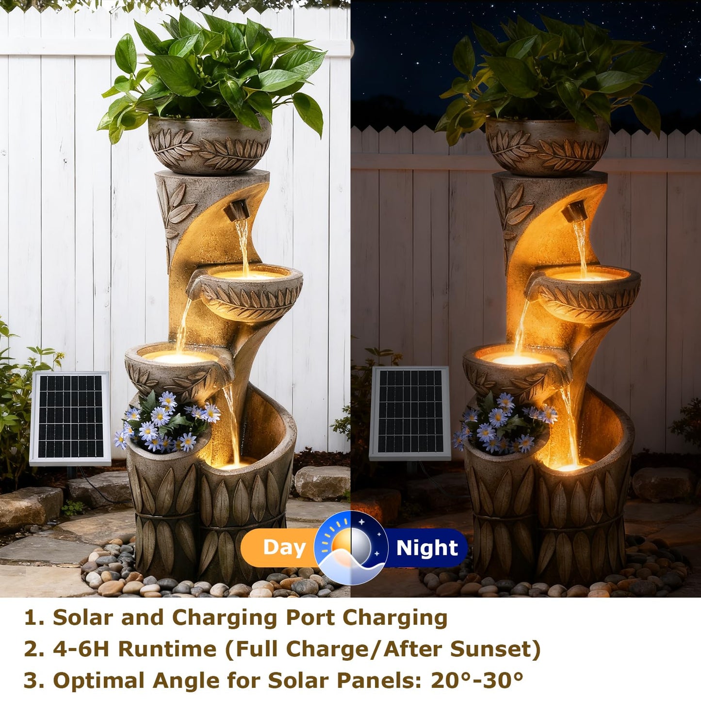 4 Tiered Solar Water Fountain Outdoor Garden, 35.6" Tall Cascading Bowl Leaf Carved Outdoor Waterfall Fountains Modern Water Feature with Dual Planters for Garden, Patio, Deck, Yard, Indoor Decor