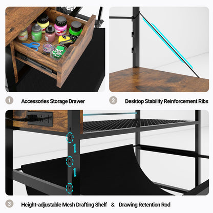 Natwind Wide Format Printer Stand, Plotter Workbench Table with Pull-Out Drafting Storage, Roll Paper Holder, Accessory Drawer, Adjustable Storage Shelf for Plotters and Cutting Machines (Retro)