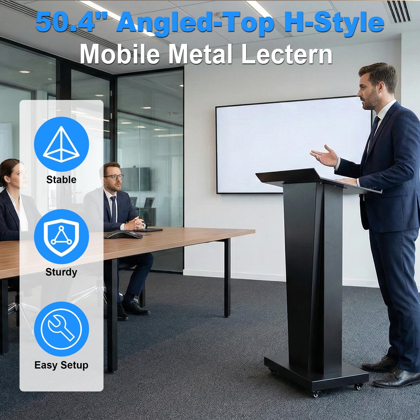 GARVIN Metal Podium Stand with Wheels, 50.4"Heavy-Duty Mobile Metal Lectern with Storage Cabinets, Portable Pulpit for Church, School, Office and Conference