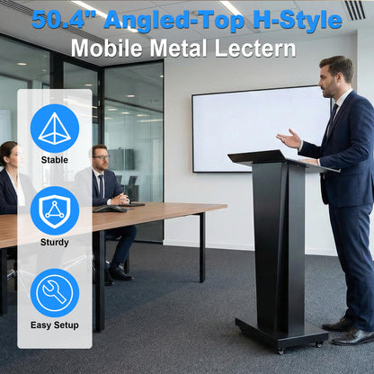 GARVIN Metal Podium Stand with Wheels, 50.4"Heavy-Duty Mobile Metal Lectern with Storage Cabinets, Portable Pulpit for Church, School, Office and Conference