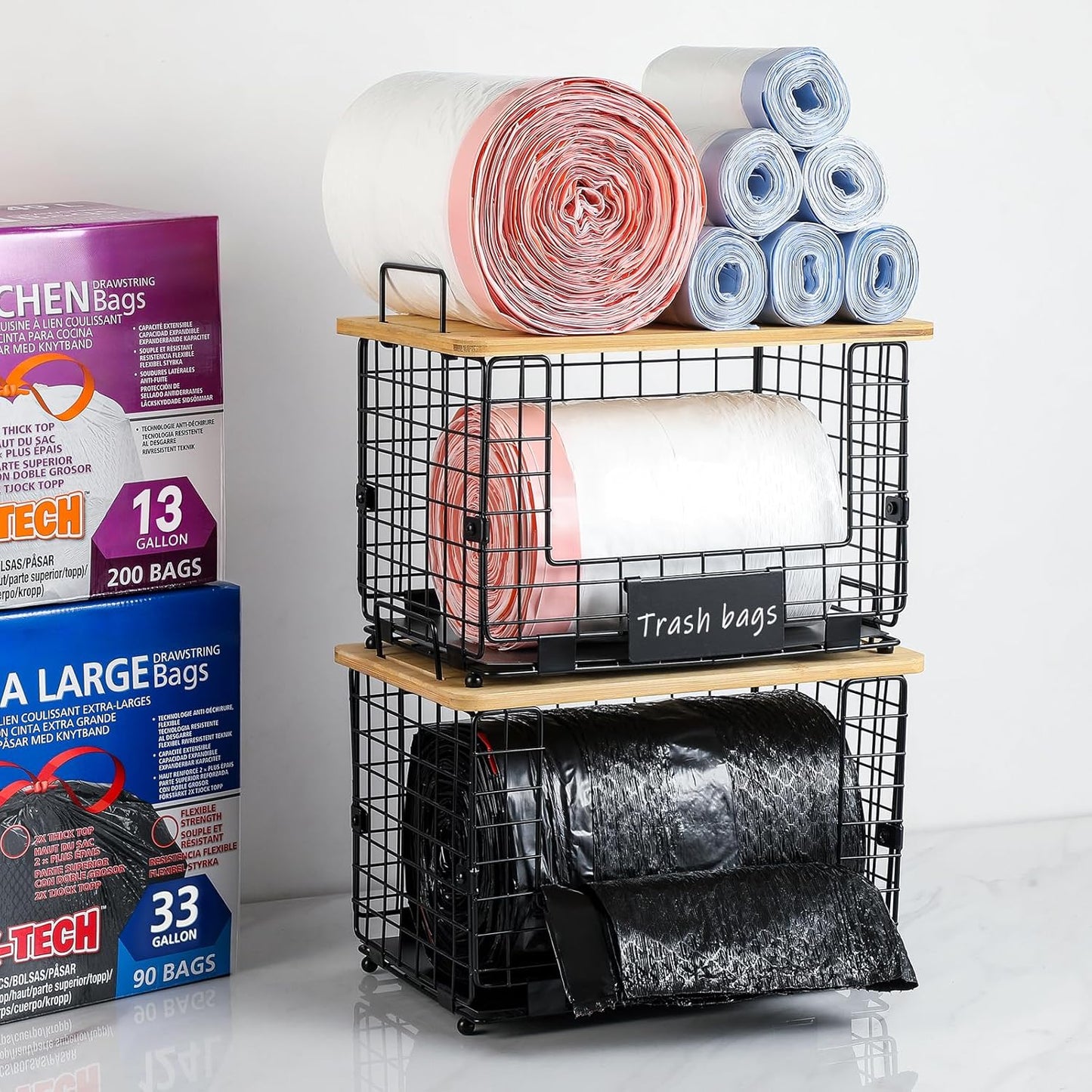 1 Pack Counter Stackable Storage Trash Bag Baskets with Bamboo Top, Large & Standard Trash, Garbage Bag Holder
