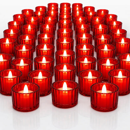 Mumufy 100 Pcs Glass Tealight Candle Holder Ribbed Votive Candle Holder for Centerpiece Wedding Proposal Spa Aromatherapy Meditation Home Decor (Red)