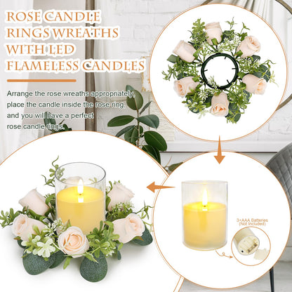 Tobilu 12 PCS Candle Rings with LED Flameless Candles, 3 Inch Artificial Rose Wreaths Eucalyptus Leaves for Table Centerpieces Home Wedding Party Decor, Champagne, 6 Sets
