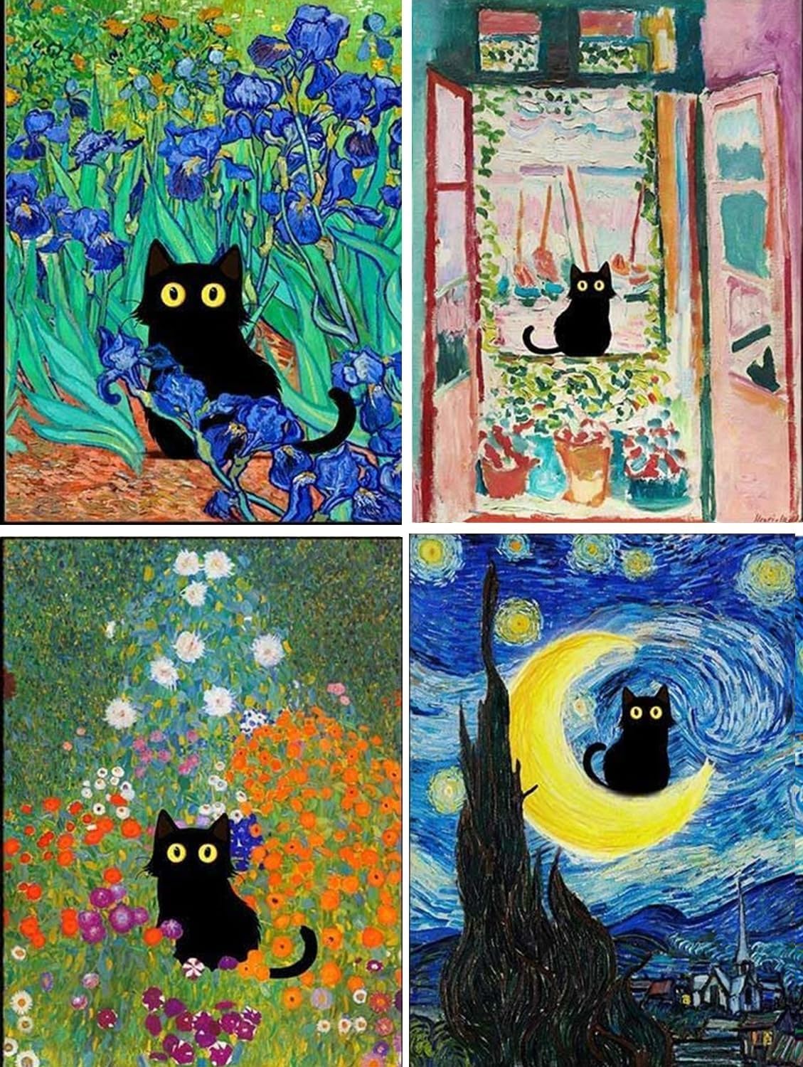 GemZono Adult 5D Diamond Painting Kits - 4 Pieces, Round Diamond Arts Painting Kit, DIY Beginner Black Cat Diamond Art Kit, Matisse Van Gogh Living Room Bedroom Decoration (11.8x15.7)