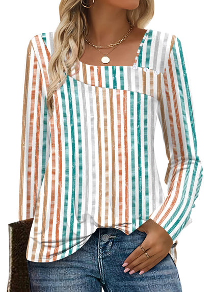 OFEEFAN Long Sleeve Shirts for Women Fall Clothes Asymmetric Square Neck Tunic Tops Decorative Buttons