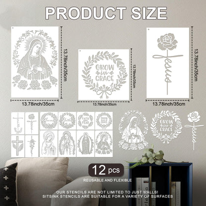 Sitsink Religious Stencils for Crafts Reusable - 12 Pcs Chiristian Cross Inspirational Stencils for Wood Burning Wall Furniture Decor Drawing Template