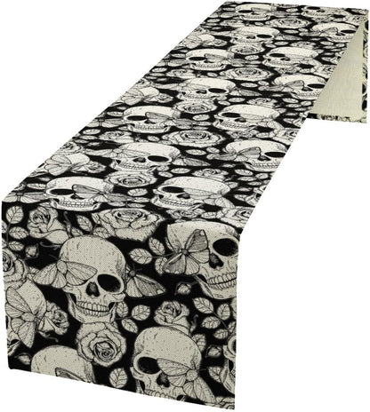 13x36 inches Gothic Table Runner White Skull Flowers Moth Pattern Table Runner Table Cloth Decoration Dresser Garden
