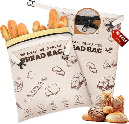 17x13", 2 Pack) YARRAMATE Beeswax Bread Bags for Homemade Sourdough, Zipper Reusable Linen Food Storage Bags to Keep